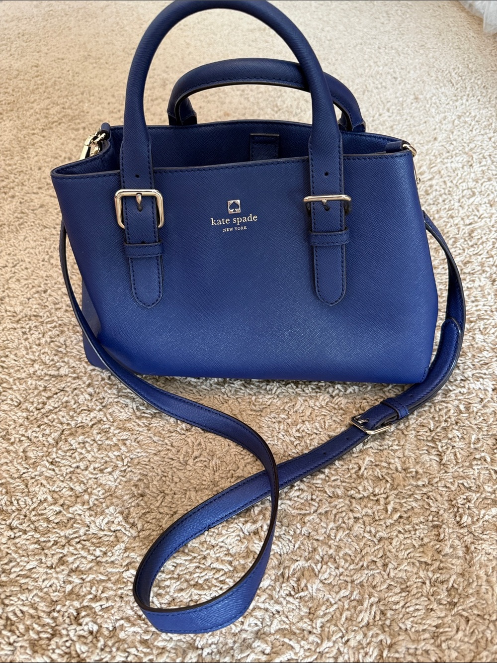 kate spade cobalt blue Saffiano leather satchel with crossbody strap